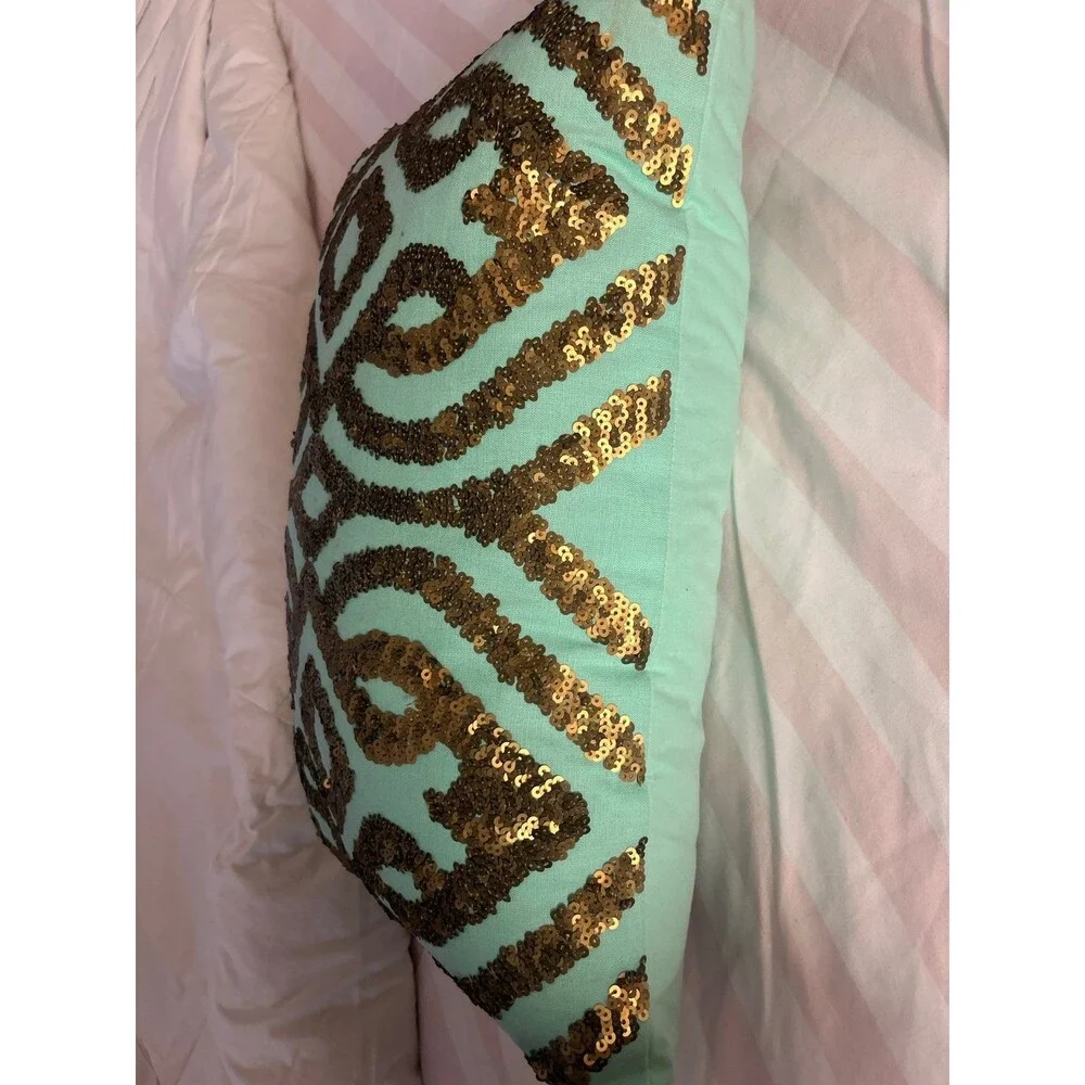 Pillow Xhilaration Blue Gold Sequin 13x18